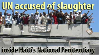 Political prisoners on the roof of Haiti's national peitentiary demonstae as they hold up the corpse of one of the victims of UN agression
