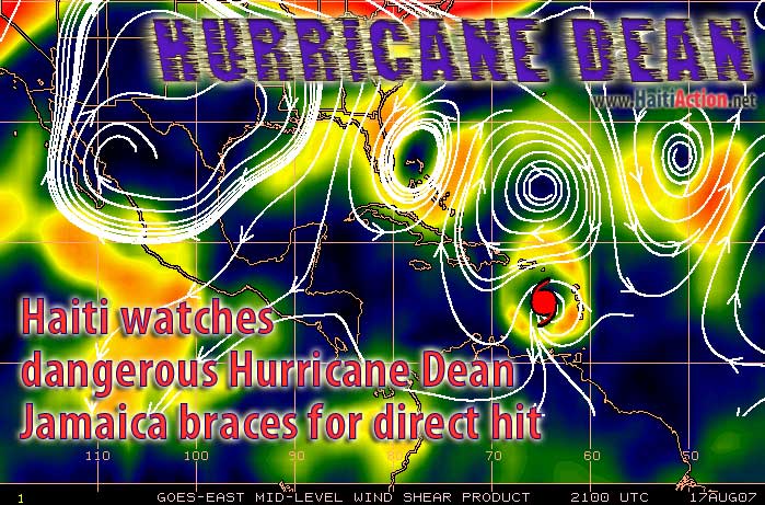 Hurricane Dean weather map showing mid-level shear in the Caribbean on HaitiAction.net