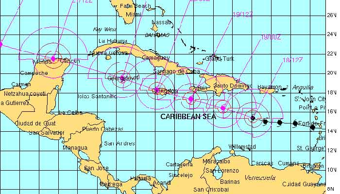 Map showing forecast track of Hurricane Dean