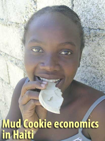 Girl eating te — a mud cookie — in cite soliel